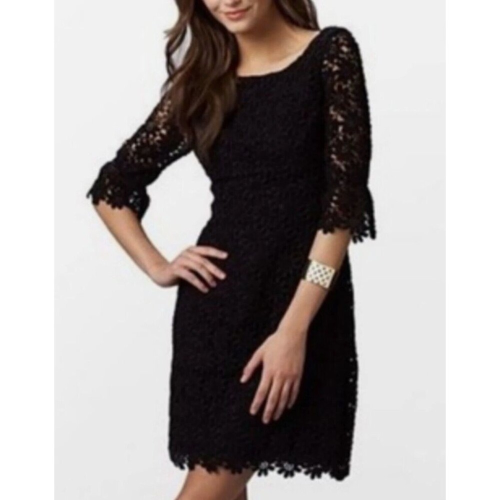 Lilly Pulitzer Shayna Black Floral Lace Cocktail Dress Size 4 Knee Length Shift